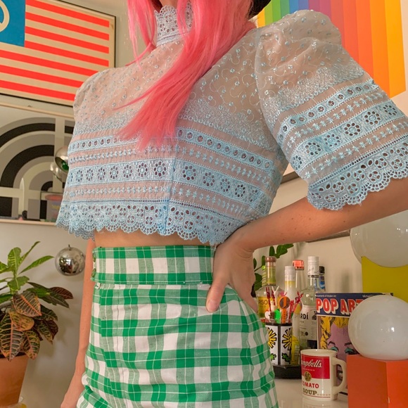 Vintage 70s sheer lace high neck crop top S - Picture 2 of 6